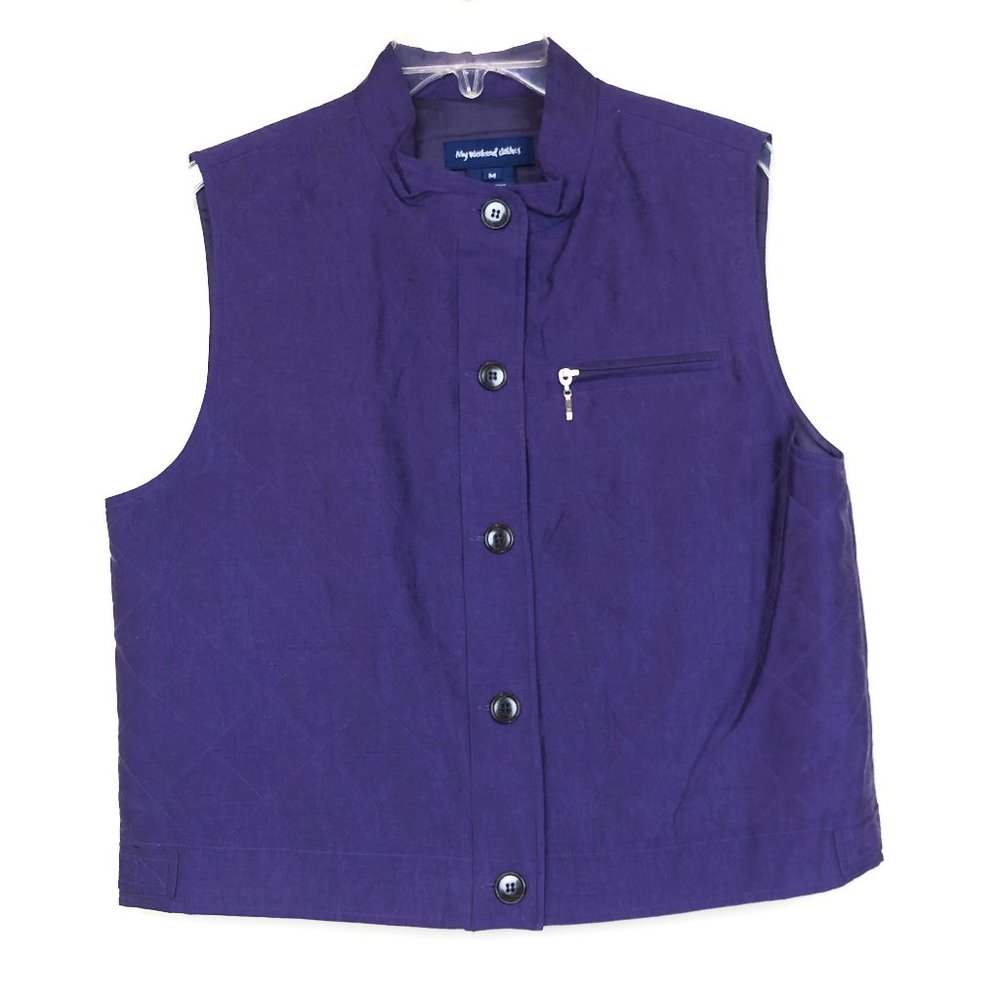 My Weekend Clothes Silk Quilted Buttondown Purple Vest w/ Zip Chest Pocket - Picture 1 of 5